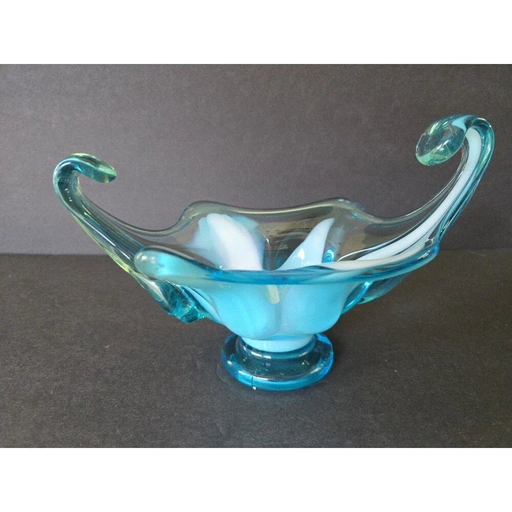 Vintage Aqua Blue & White Starfish Glass Centerpiece Bowl Freeform Retro Decor